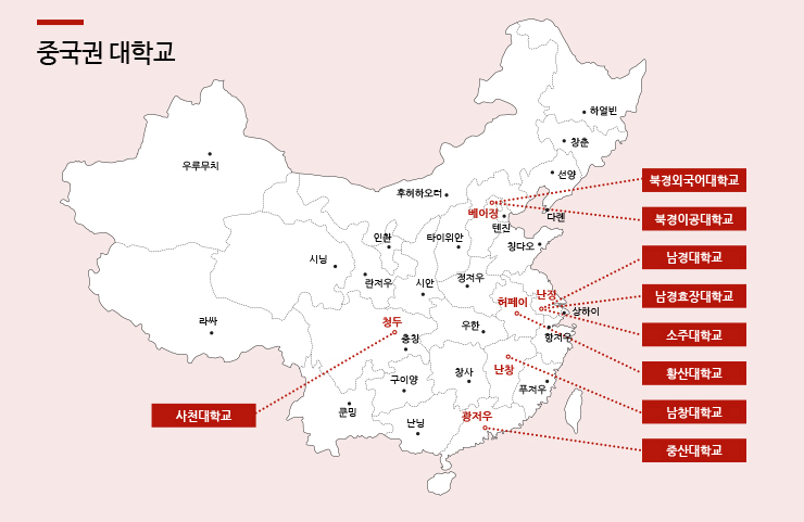 중국권 자매 대학교
	베이징(북경외국어대학교,북경이공대학교) / 난징(남경대학교,남경효장대학교,소주대학교) / 허페이(황산대학교) / 난창(난창대학교) / 황저우(중산대학교) / 청두(사천대학교)